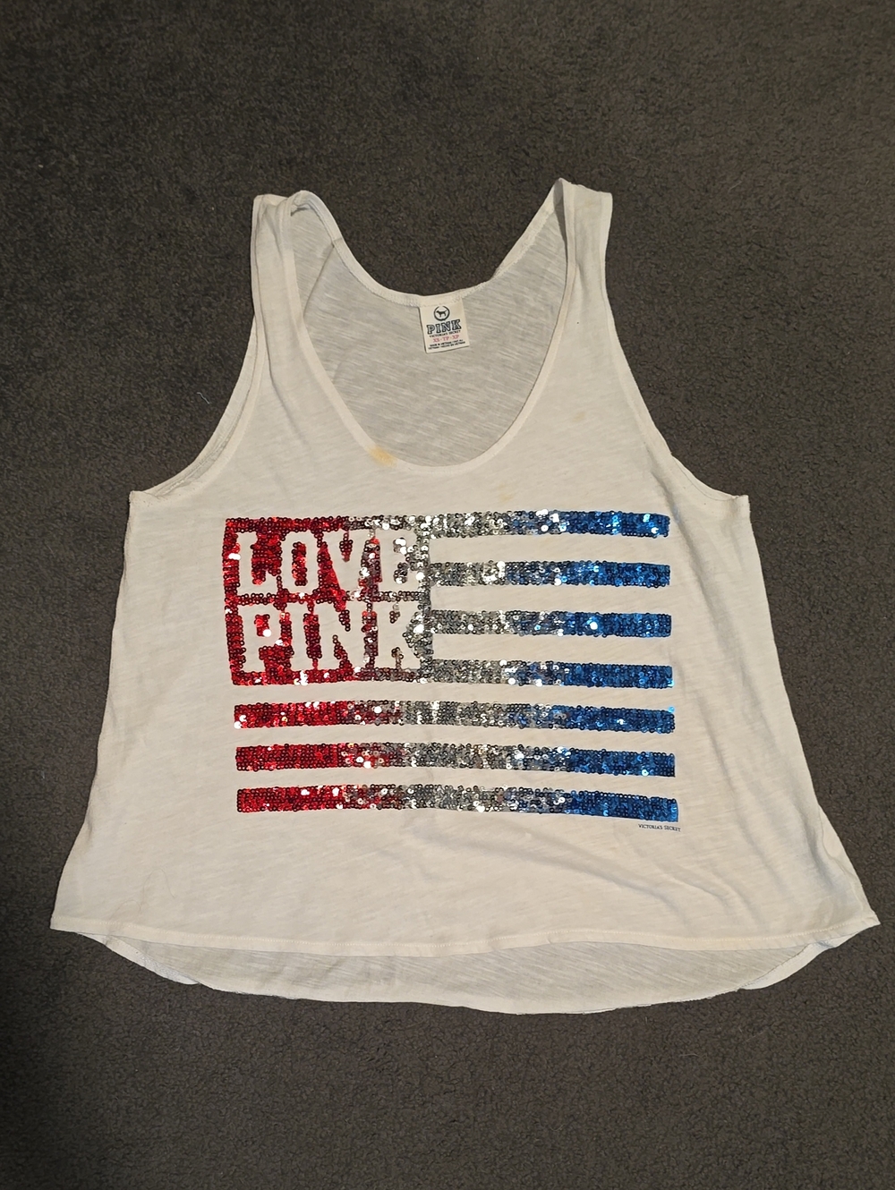 PINK Victoria's Secret White Tank Top with Red, Silver & Blue Sequin Flag